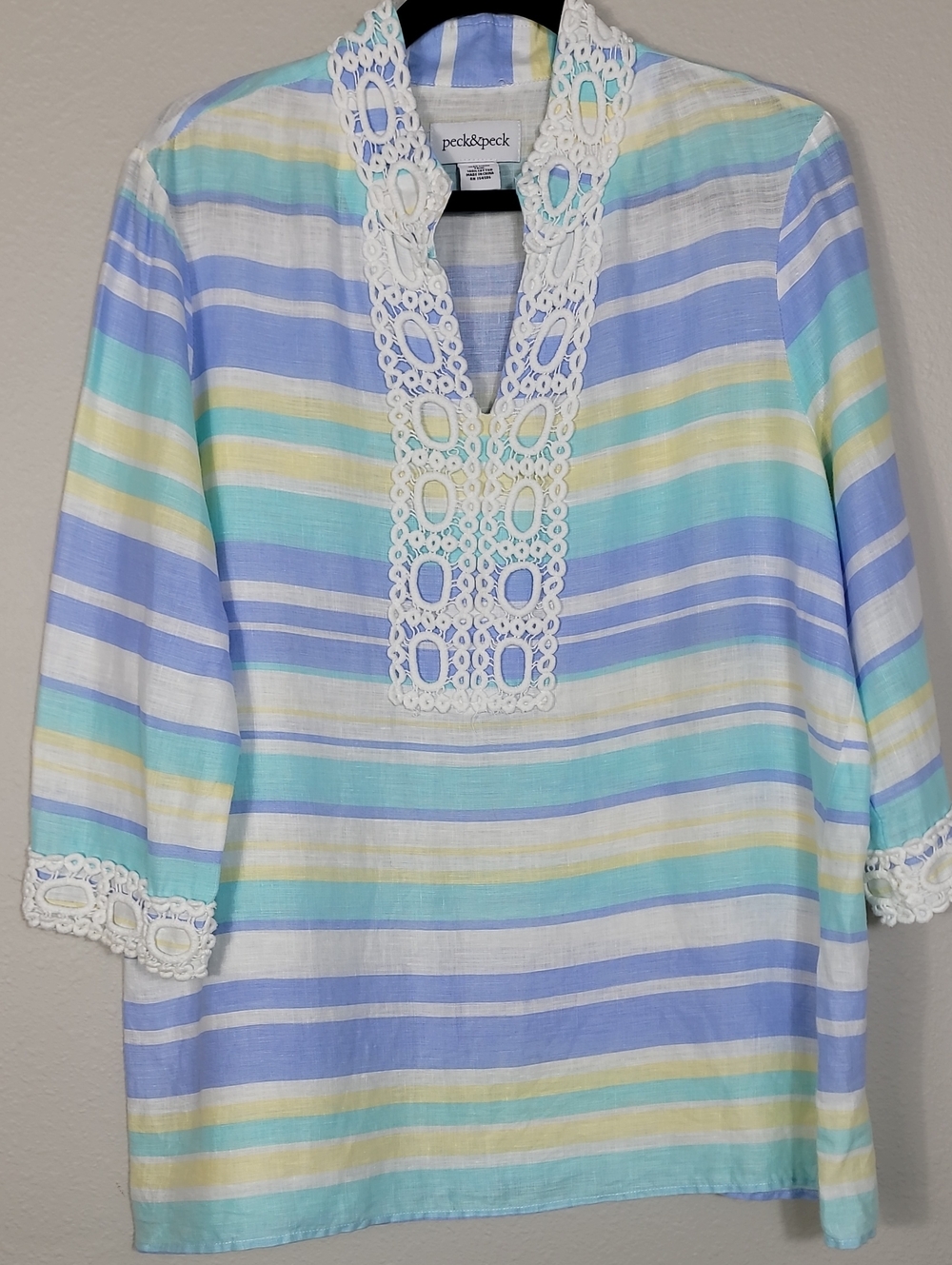 Peck & Peck Striped Split Neck Tunic Top 100% Linen Size Large Embroidered Lace
